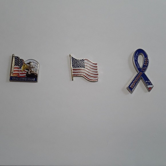 3 Patriotic Lapel/Hat Pins US Flag, Flag/Eagle United we Stand, 9/11 Ribbon - Picture 1 of 10